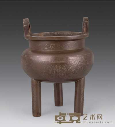 清 铜嵌丝双耳三足炉 高15cm